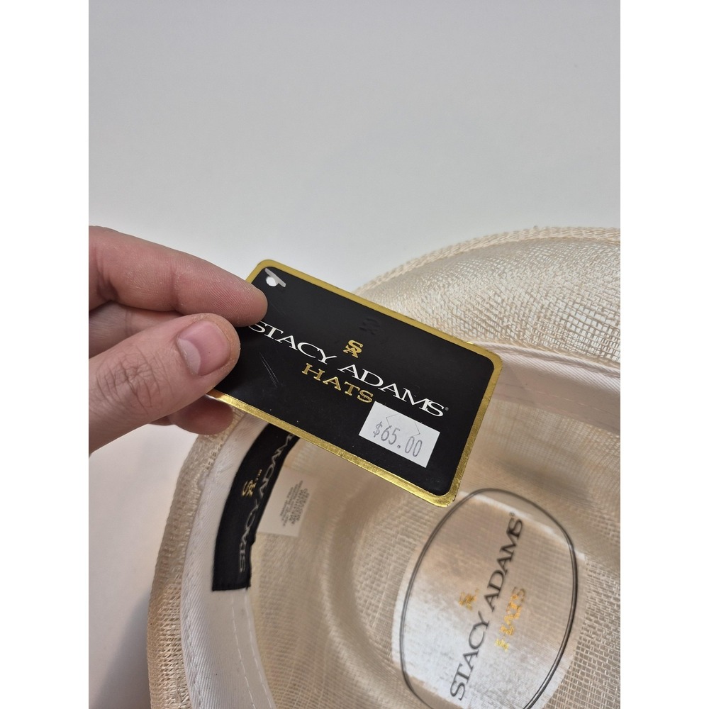 Stacy Adams Hat Fedora Fitted Mens M Beige Straw Feather Trim Gold Pin FLAW - Picture 7 of 10